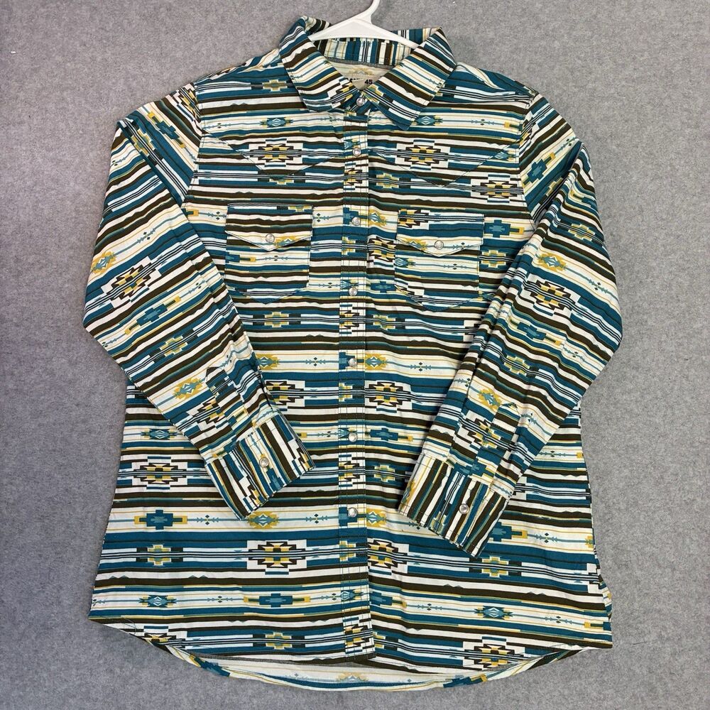 Rank 45 Youth XL Western Aztec Button Up Shirt Teal Brown Long Sleeve